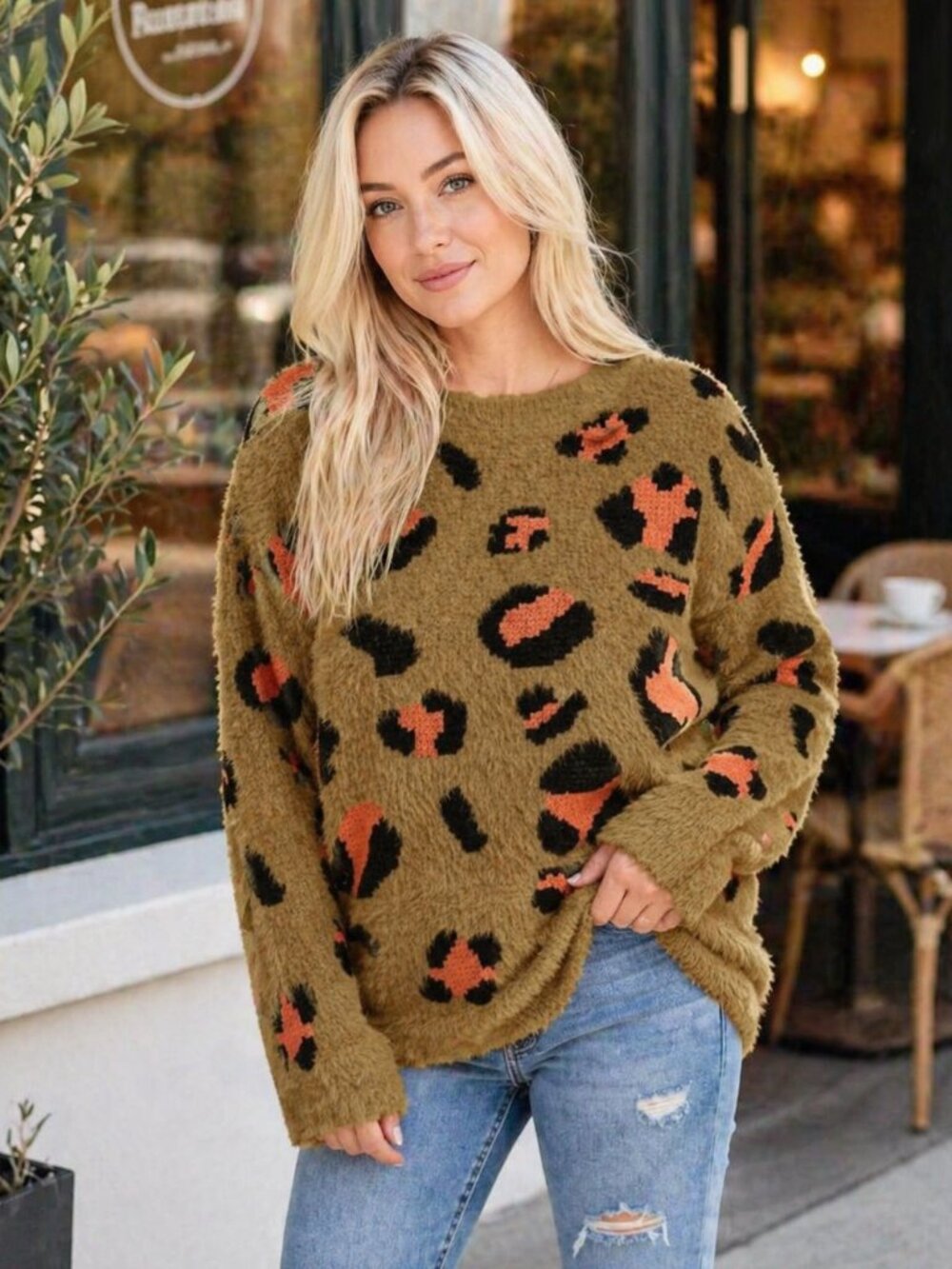DAVI & DANI  ANIMAL PRINT ROUND NECK LONG SLEEVE SWEATER